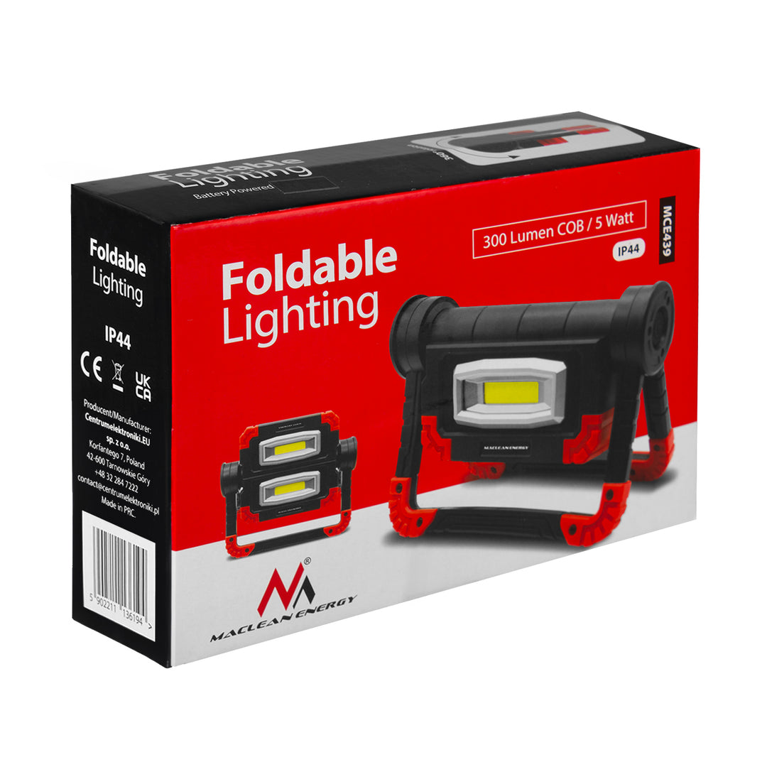 Lampă de lucru Maclean LED COB, 300 lm, 3 moduri de iluminare, temp.culoare 6500K, MCE439 + 4x baterii Varta Industrial AA