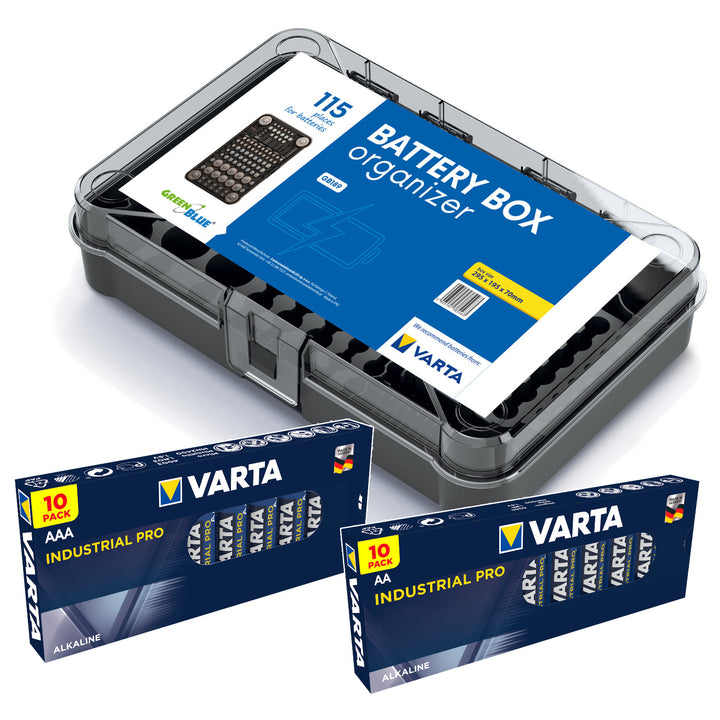 Organizer pentru baterie GreenBlue Varta Box GB189 + 10x baterie AA i 10x baterie AAA Varta Industrial
