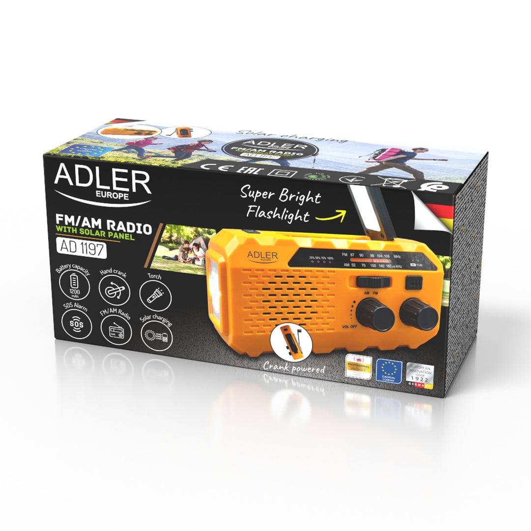 Radio solar Adler, baterie reîncărcabilă de 1200 mAh, lanternă, manivelă, AD 1197