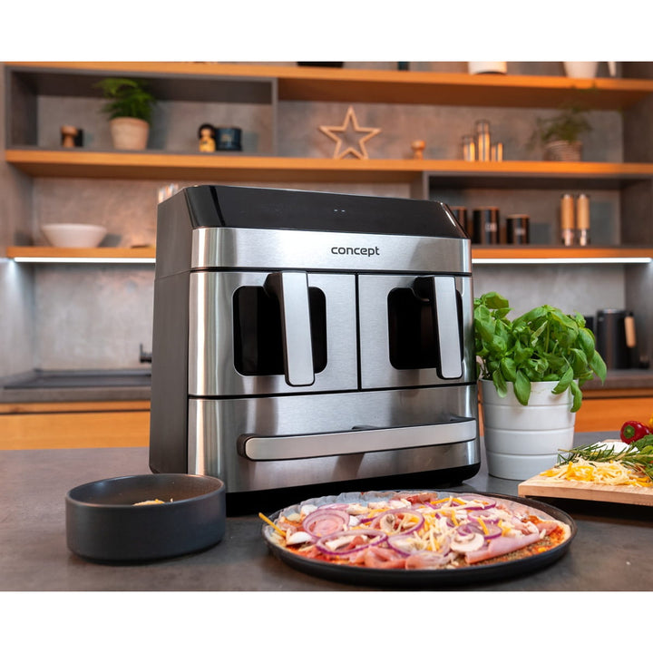 Concept friteuză fără grăsime, 3 sertare separate, gătit sincronizat, 8 programe prestabilite, FR9000