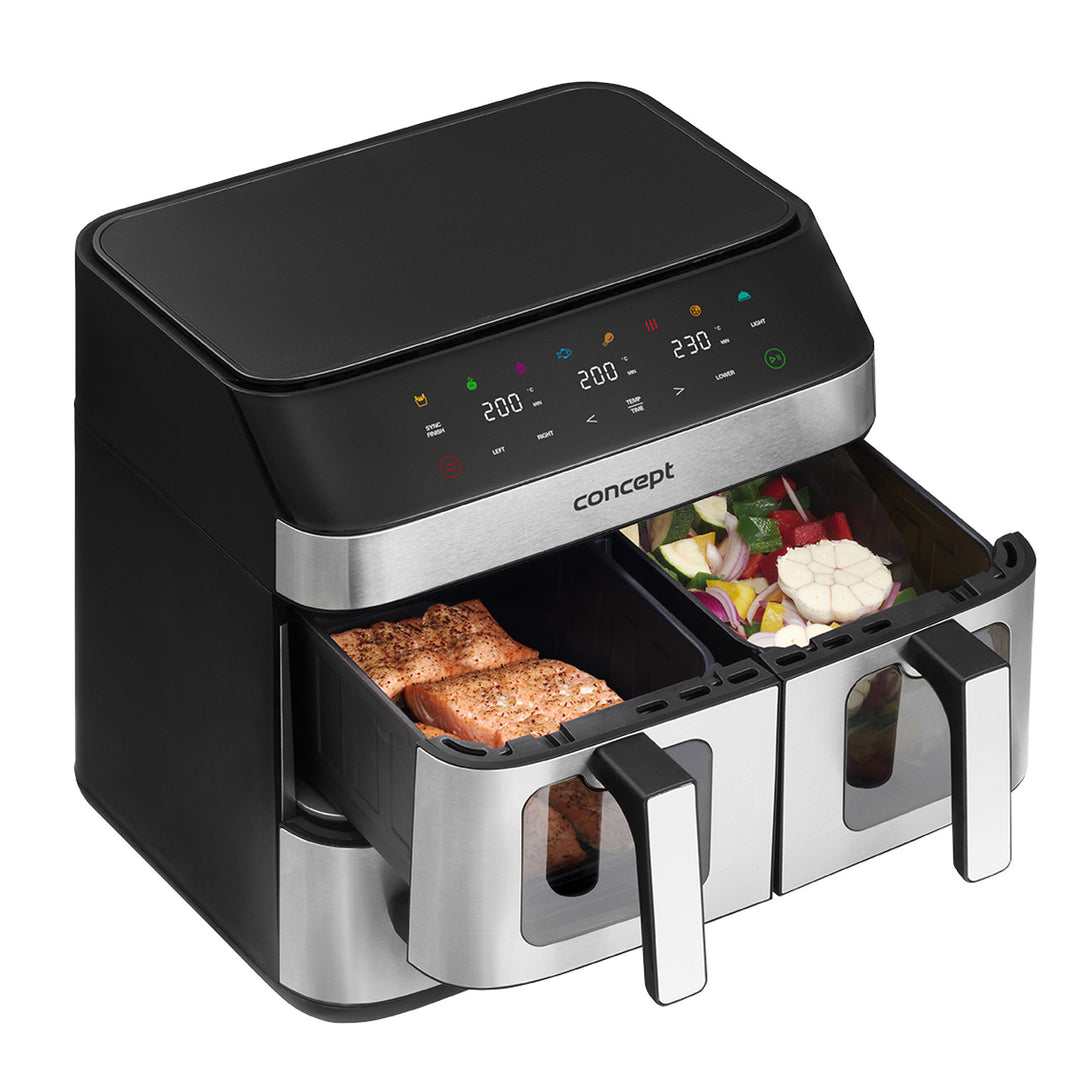 Concept friteuză fără grăsime, 3 sertare separate, gătit sincronizat, 8 programe prestabilite, FR9000