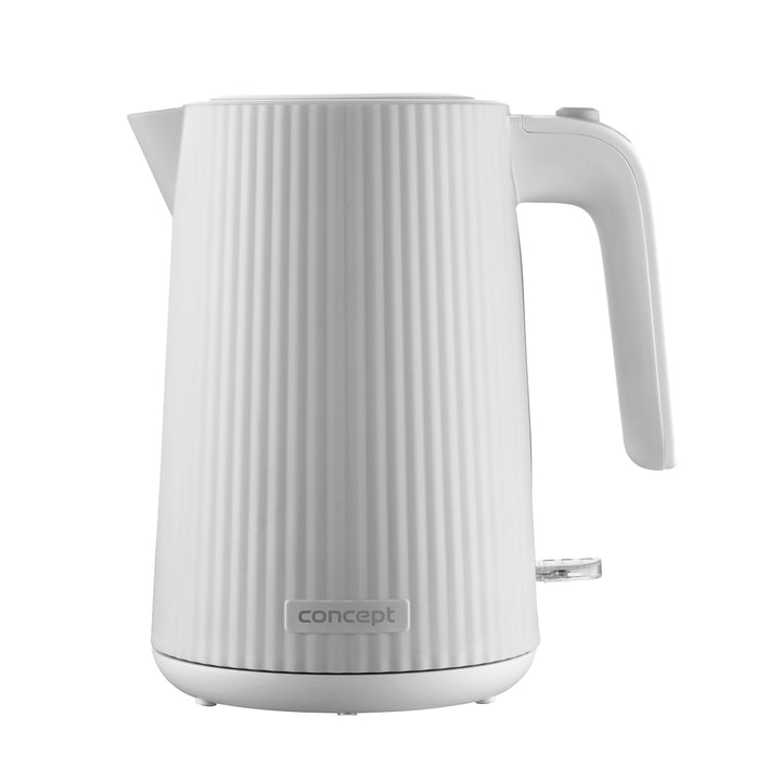 Ceainic electric Concept din plastic, 1.7L, design cu caneluri, sistem triplu de siguranță, filtru de sedimente, indicator al nivelului apei, alb, RK2390
