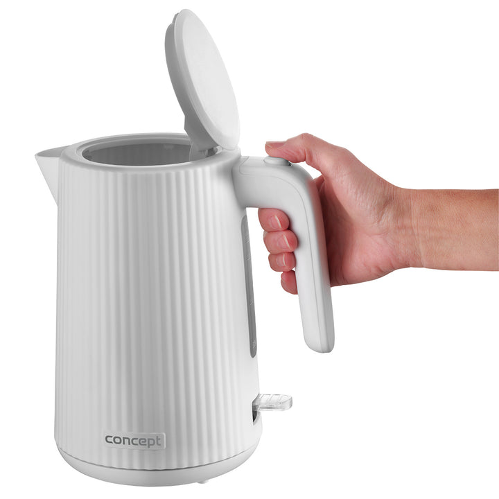 Ceainic electric Concept din plastic, 1.7L, design cu caneluri, sistem triplu de siguranță, filtru de sedimente, indicator al nivelului apei, alb, RK2390