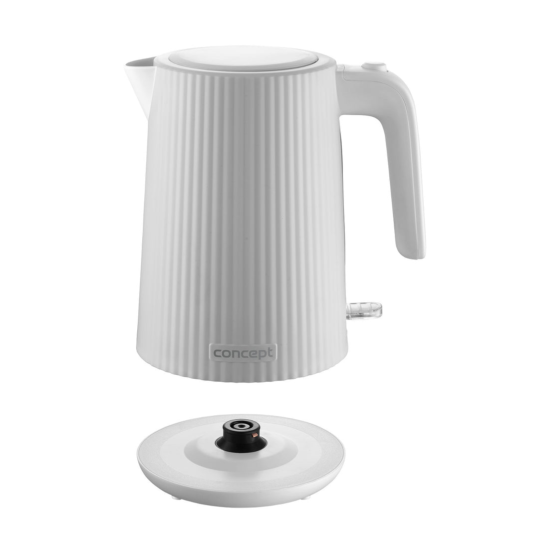 Ceainic electric Concept din plastic, 1.7L, design cu caneluri, sistem triplu de siguranță, filtru de sedimente, indicator al nivelului apei, alb, RK2390
