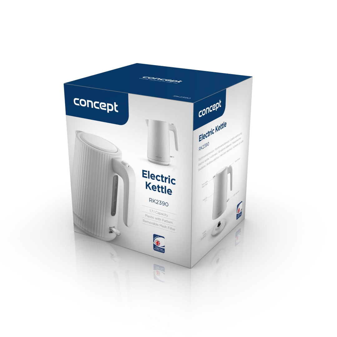 Ceainic electric Concept din plastic, 1.7L, design cu caneluri, sistem triplu de siguranță, filtru de sedimente, indicator al nivelului apei, alb, RK2390