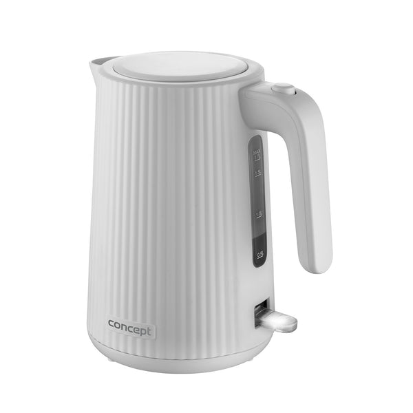 Ceainic electric Concept din plastic, 1.7L, design cu caneluri, sistem triplu de siguranță, filtru de sedimente, indicator al nivelului apei, alb, RK2390