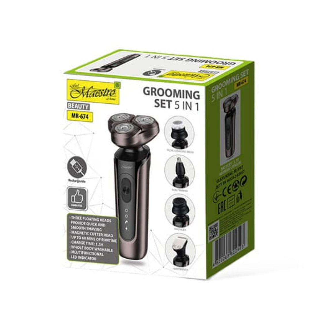Set de bărbierit Maestro 5 în 1, aparat de ras, aparat de tuns nasul, perie de curățare facială, vârf de masaj, aparat de tuns părul, carcasă impermeabilă, timp de funcționare de până la 60 min, MR-674