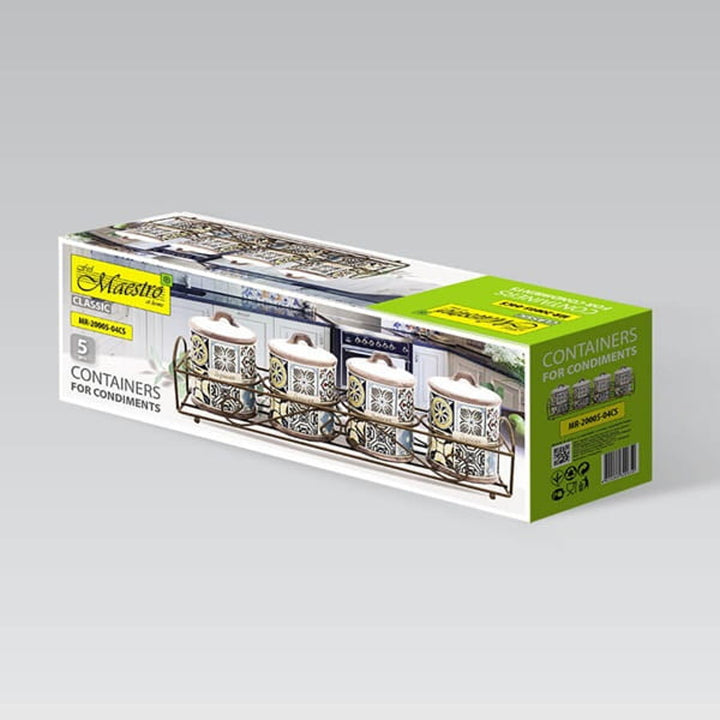 Holiday in Porto Maestro set de recipiente ceramice, 5 piese, capacitate 200ml, ideal pentru condimente, cu suport metalic, MR-20005-04CS