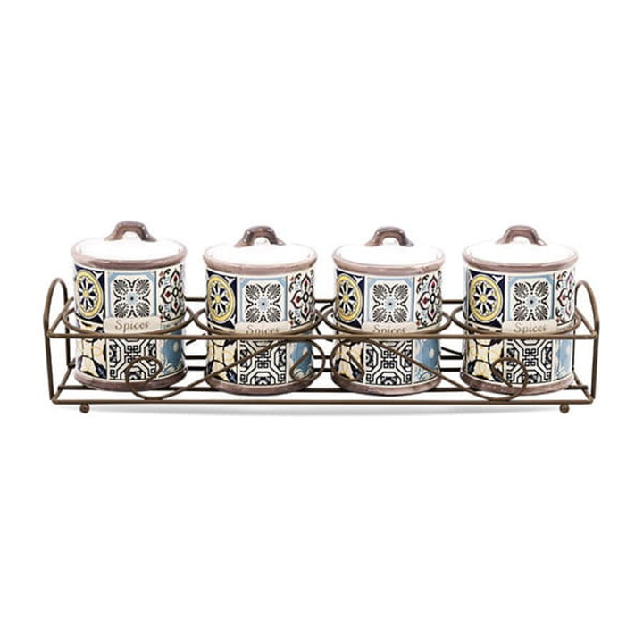 Holiday in Porto Maestro set de recipiente ceramice, 5 piese, capacitate 200ml, ideal pentru condimente, cu suport metalic, MR-20005-04CS