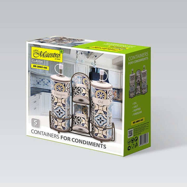 Holiday in Porto Maestro set de condimente ceramice, 5 elemente, capacitate 2x100ml și 2x300ml, Cu suport metalic, MR-20005-04S