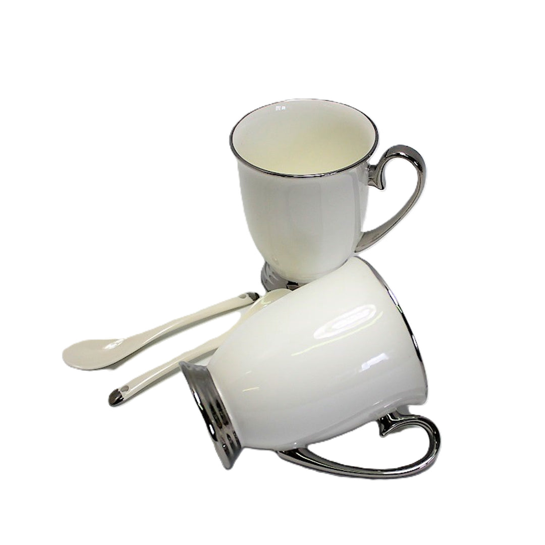 Cești albe 2pc mânere cromate, lingurițe, porțelan, Elegant, Queen Isabel