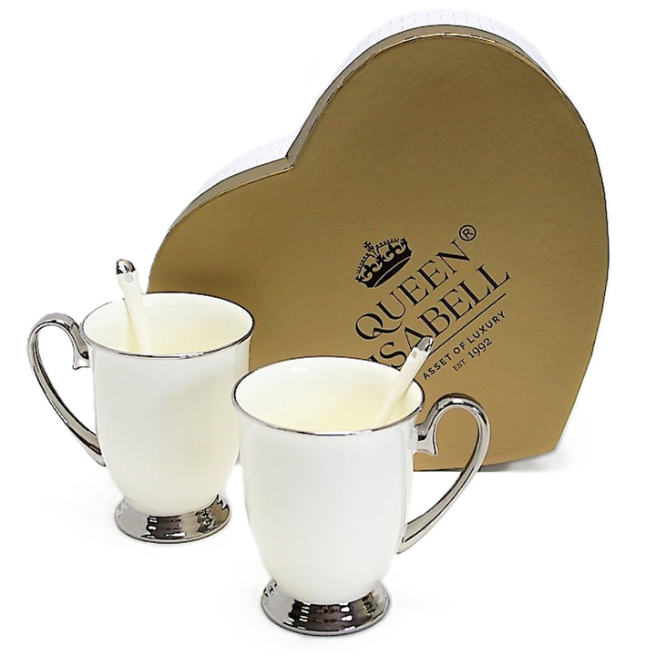 Cești albe 2pc mânere cromate, lingurițe, porțelan, Elegant, Queen Isabel