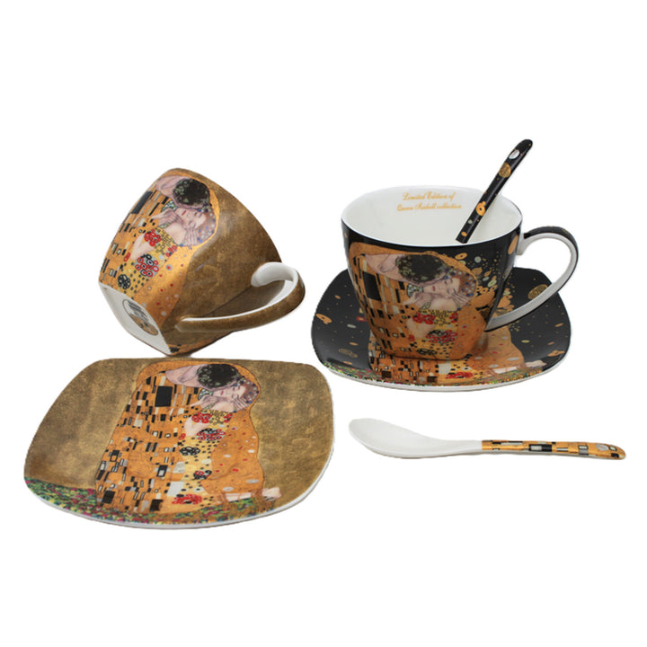 Set de 2 cești de porțelan Regina Isabell, motivul Sărutului lui Klimt, lingurițe, 250ml, W25KL60-2-19000