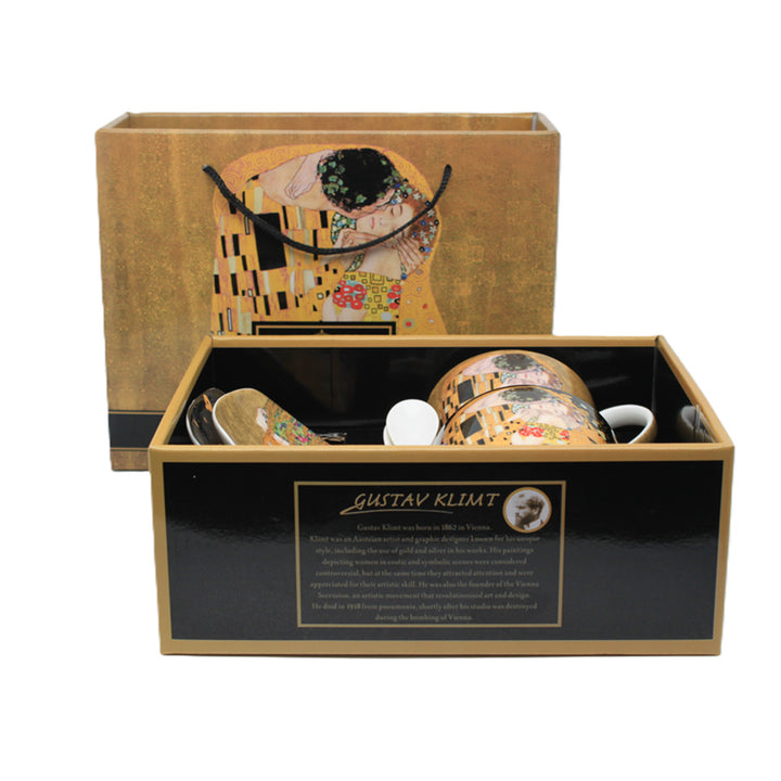 Set de 2 cești de porțelan Regina Isabell, motivul Sărutului lui Klimt, lingurițe, 250ml, W25KL60-2-19000