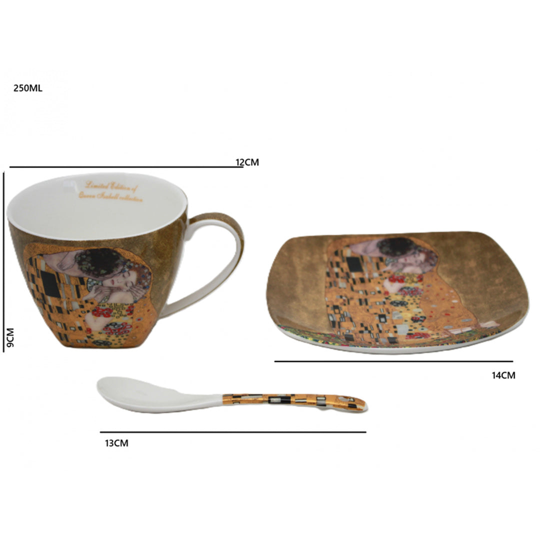 Set de 2 cești de porțelan Regina Isabell, motivul Sărutului lui Klimt, lingurițe, 250ml, W25KL60-2-19000
