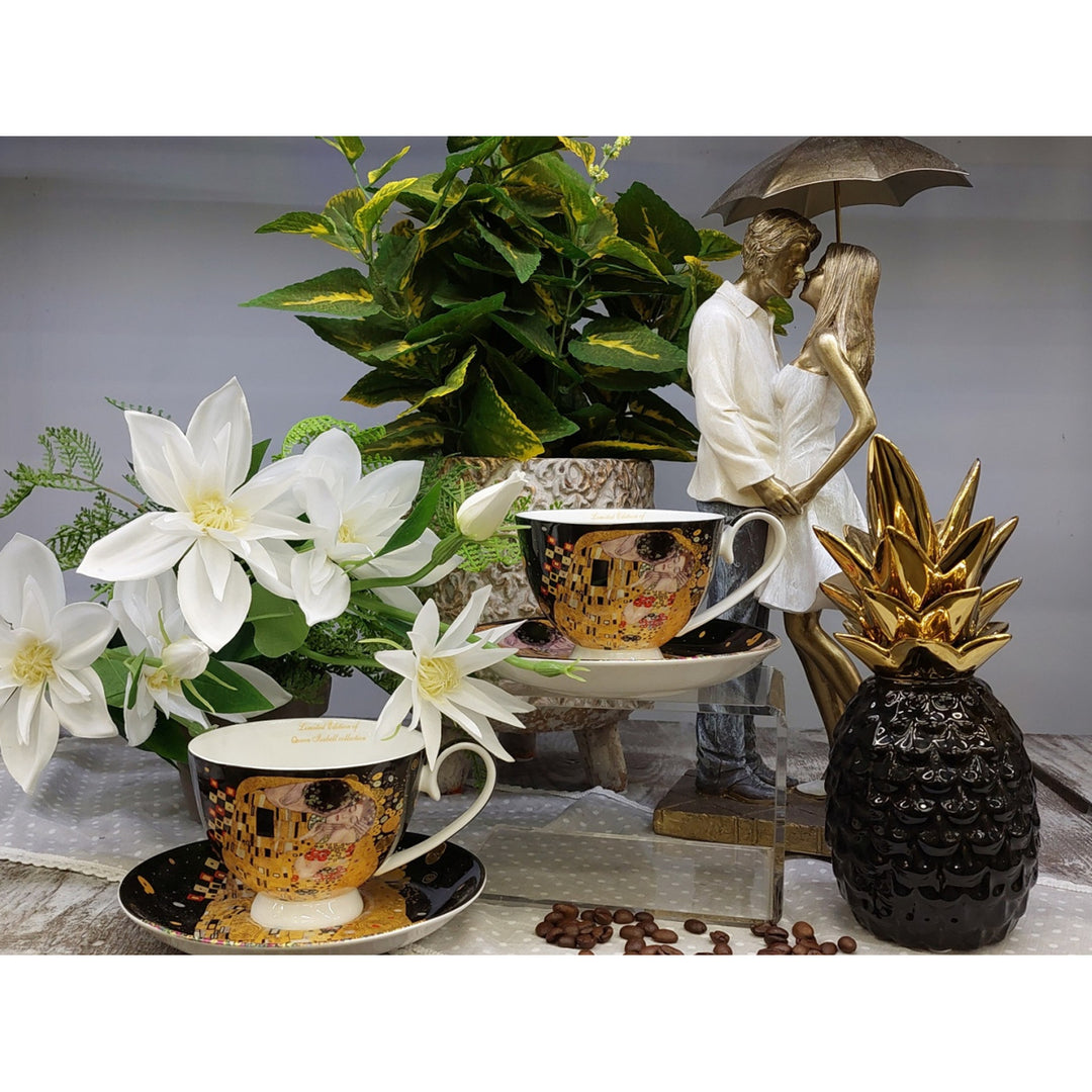 Set de 2 căni de porțelan Regina Isabell, motivul Sărutului lui Klimt, 250ml, W8KL356-22383