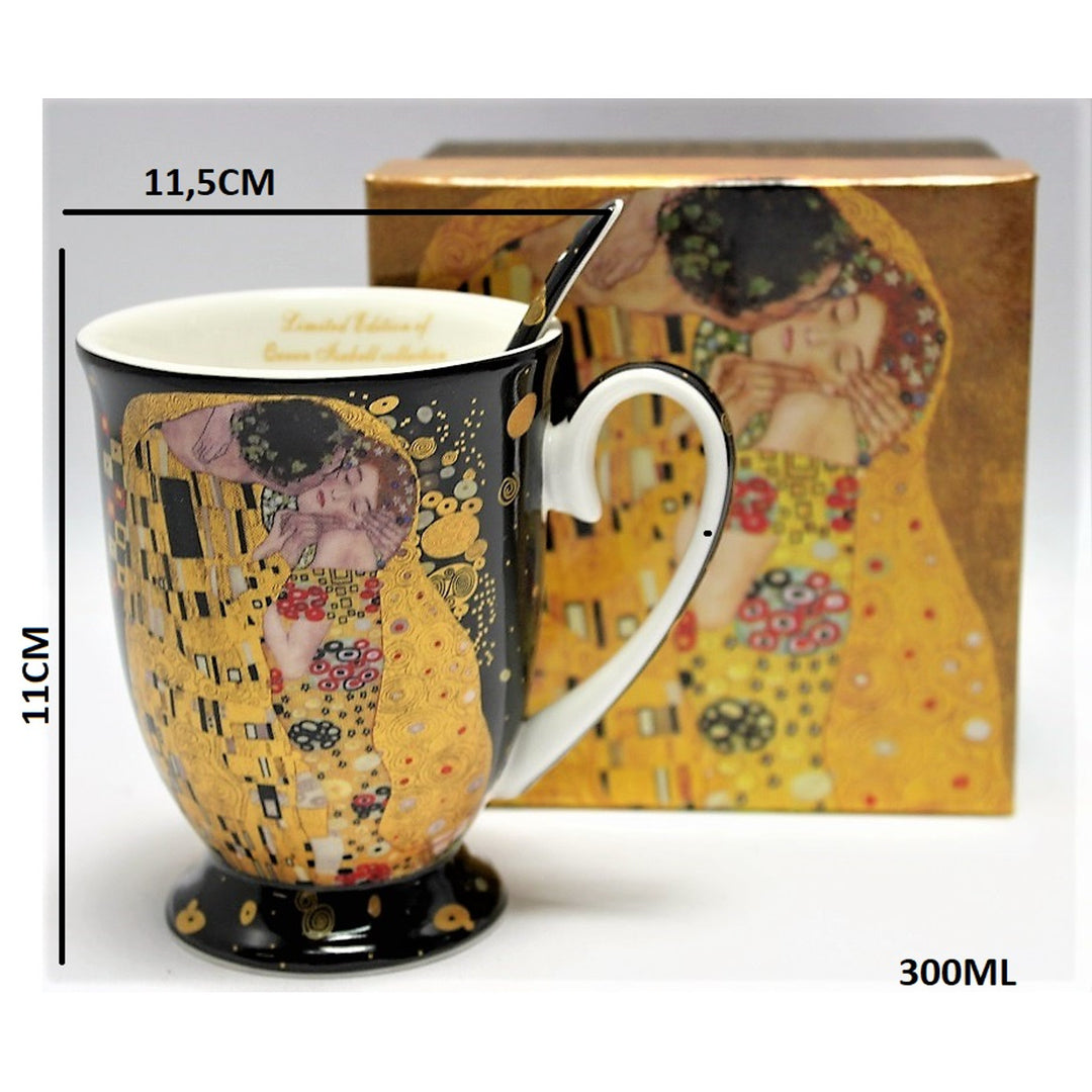 Cana de porțelan Regina Isabel cu lingură, lingură, motiv Klimt Kiss, 300ml, W9KL338-09121