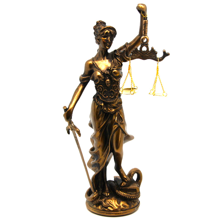 Figurina lui Temida cu cântar și sabie, sculptură juridică din bronz, Regina Isabel