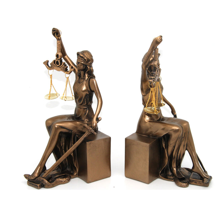 Figurine cu Themis cu solzi și sabie, suporturi de carte, Regina Isabel, 2 bucăți