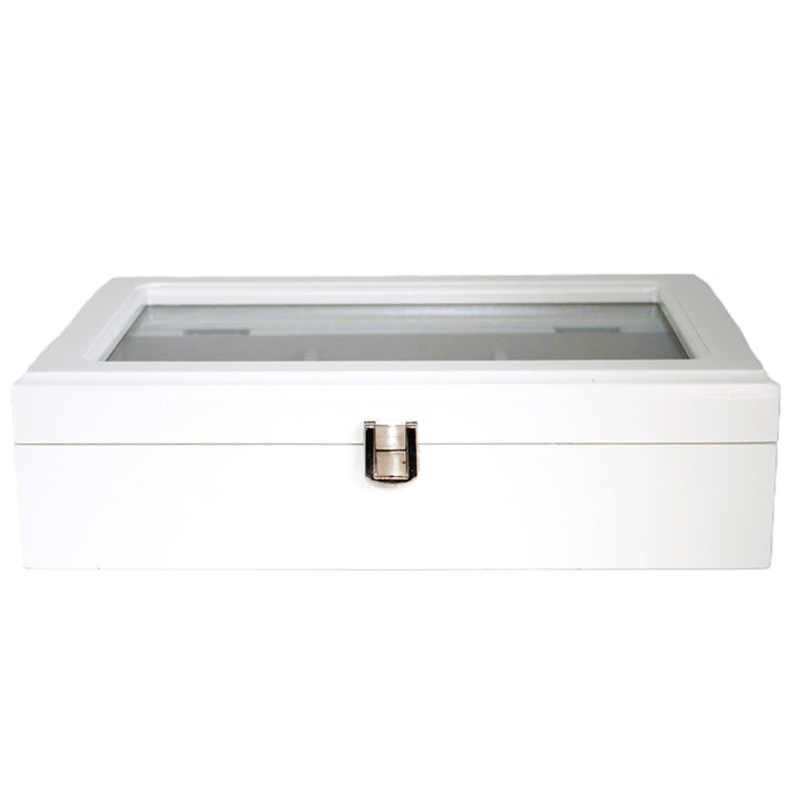 Cutie de bijuterii, lemn, alb, organizator, compartimente, capac din sticlă, Queen Isabel