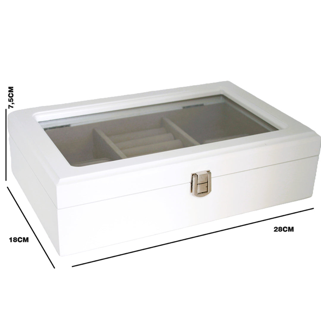 Cutie de bijuterii, lemn, alb, organizator, compartimente, capac din sticlă, Queen Isabel