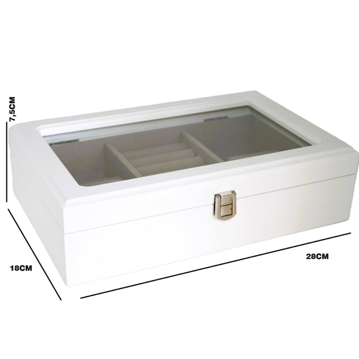 Cutie de bijuterii, lemn, alb, organizator, compartimente, capac din sticlă, Queen Isabel