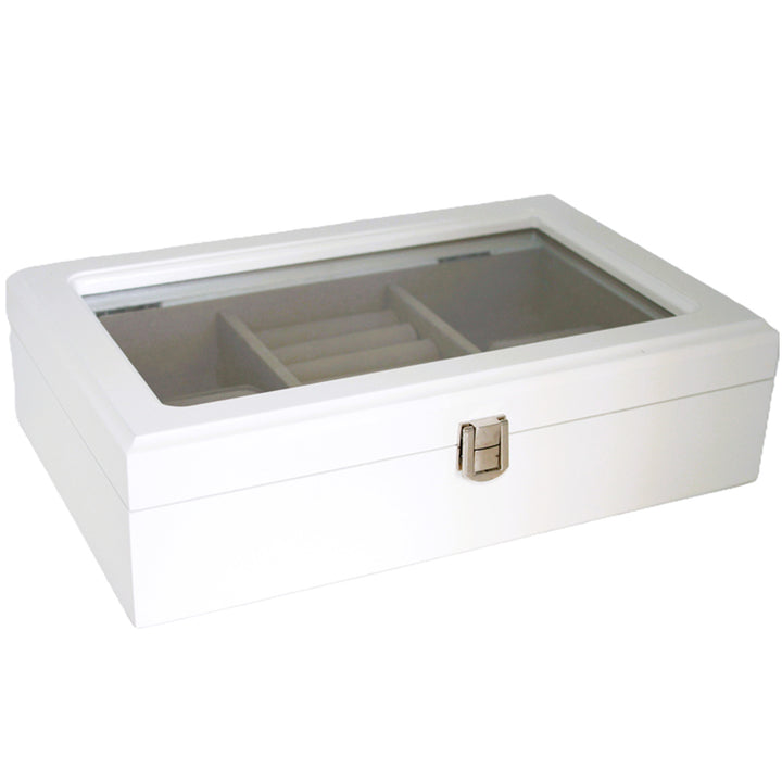 Cutie de bijuterii, lemn, alb, organizator, compartimente, capac din sticlă, Queen Isabel