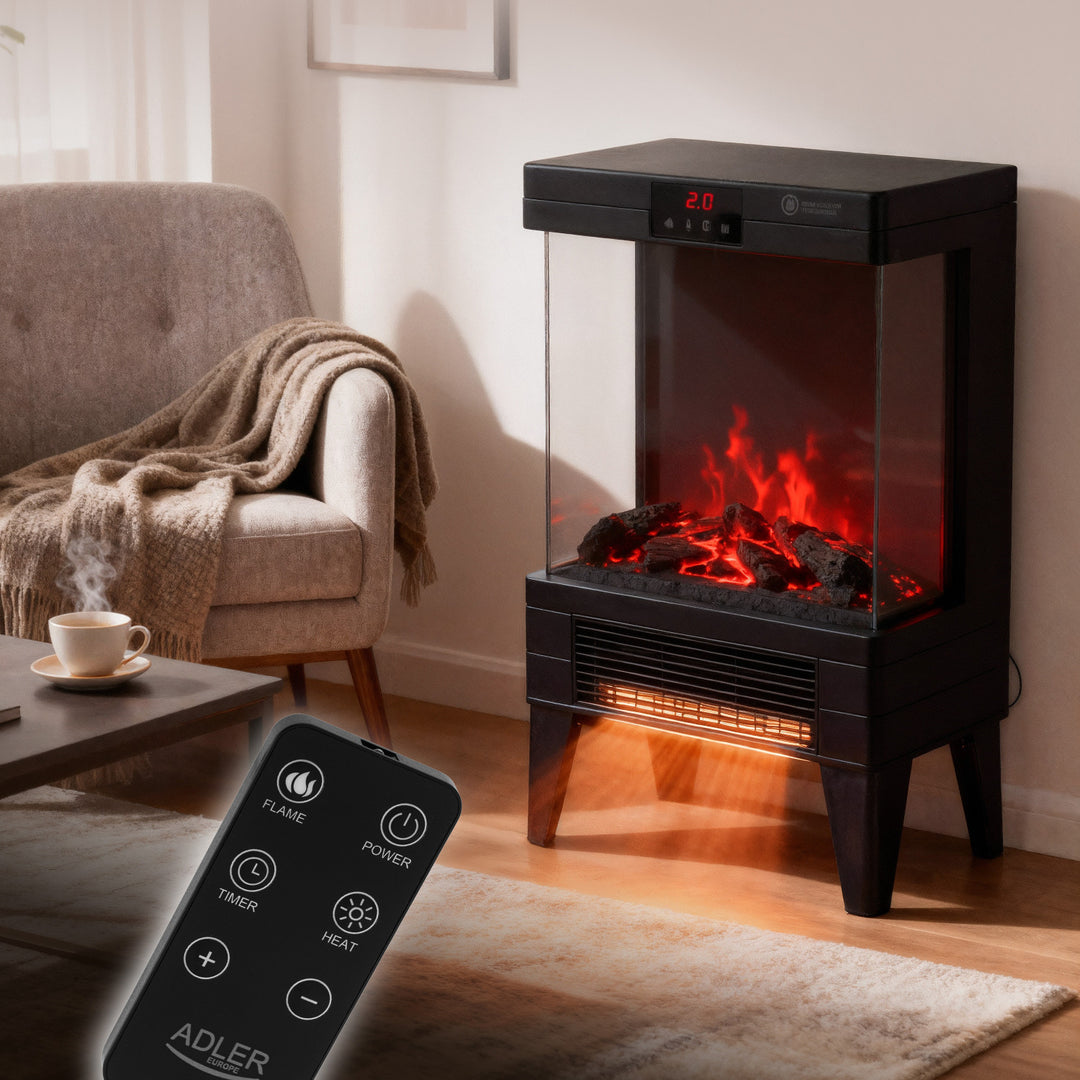 Șemineu electric LED cu telecomandă, 2 puteri de încălzire 1000W/2000W, termostat, Adler AD 7755