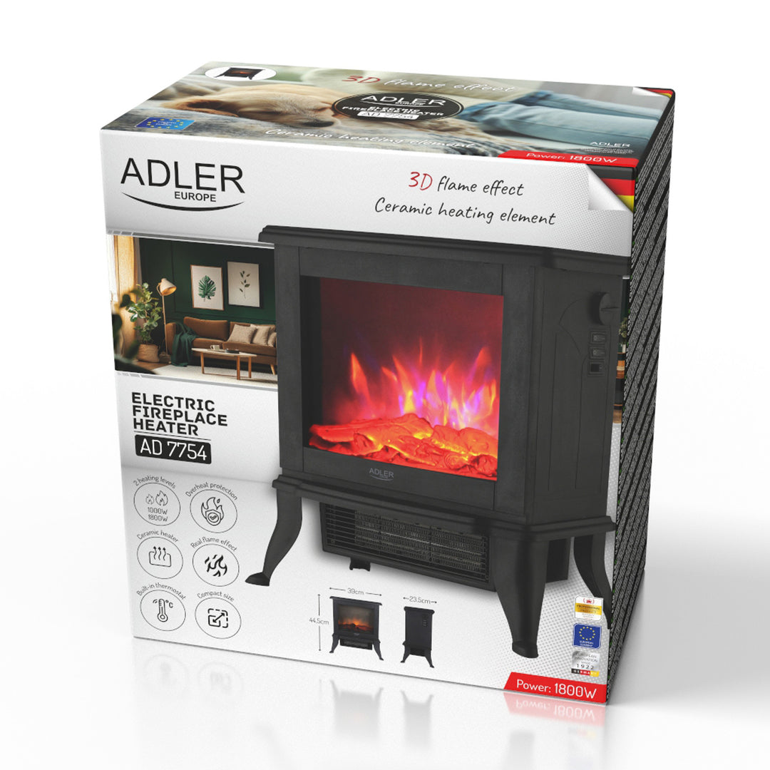 Șemineu electric Adler, 2 niveluri de încălzire, putere max. 1800W, termostat, efect de flacără 3D, AD 7754
