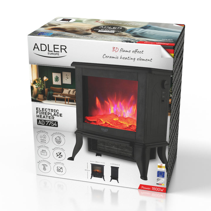 Șemineu electric Adler, 2 niveluri de încălzire, putere max. 1800W, termostat, efect de flacără 3D, AD 7754