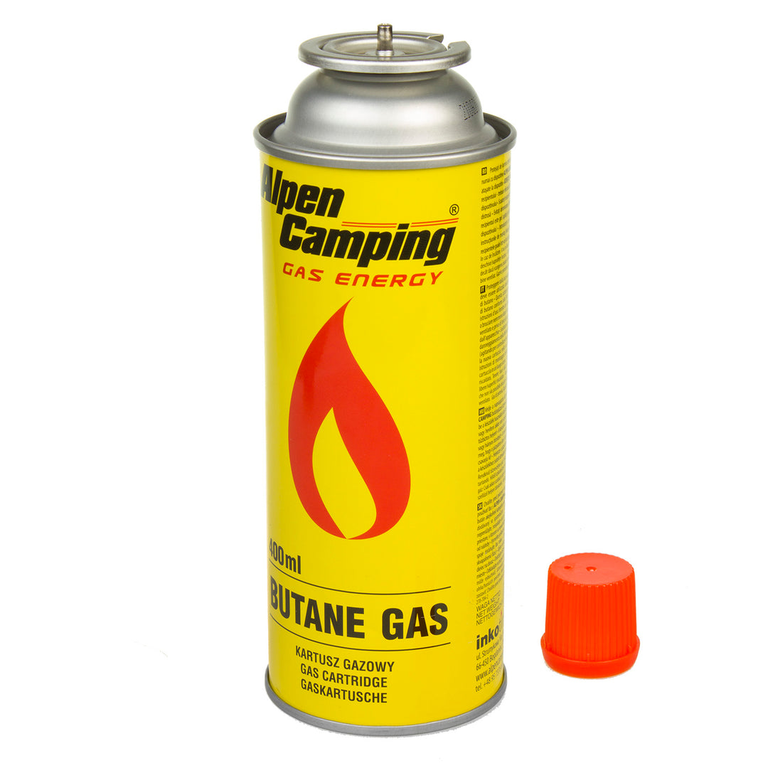 Cartuș de gaz 400ml Alpen Camping. Certificat: Pi 0875, în conformitate cu EN417, izobutan, interval de funcționare -10°C până la + 40°C, IK004, 3 buc.