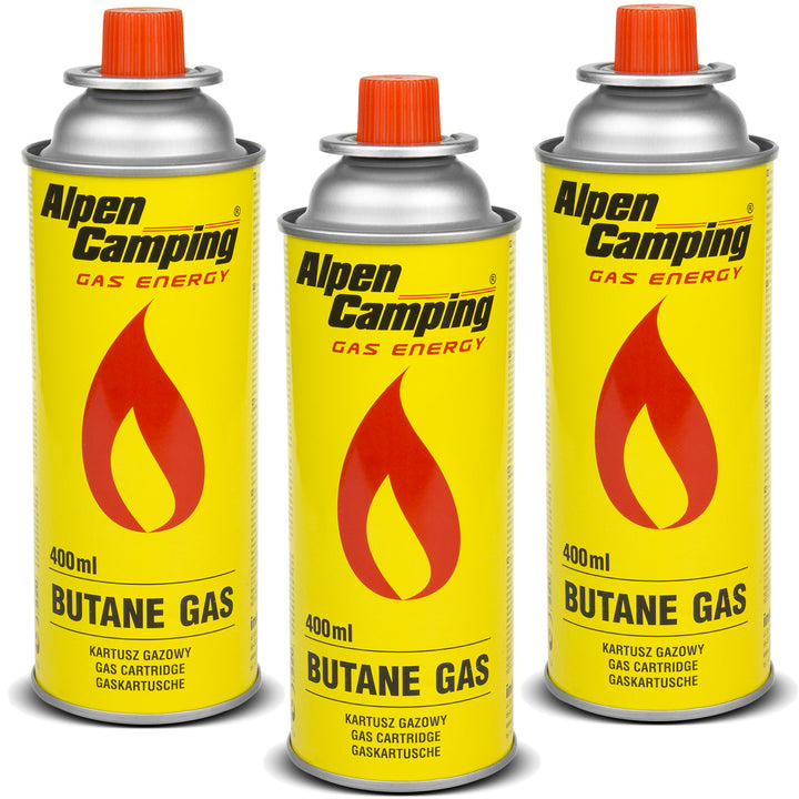 Cartuș de gaz 400ml Alpen Camping. Certificat: Pi 0875, în conformitate cu EN417, izobutan, interval de funcționare -10°C până la + 40°C, IK004, 3 buc.