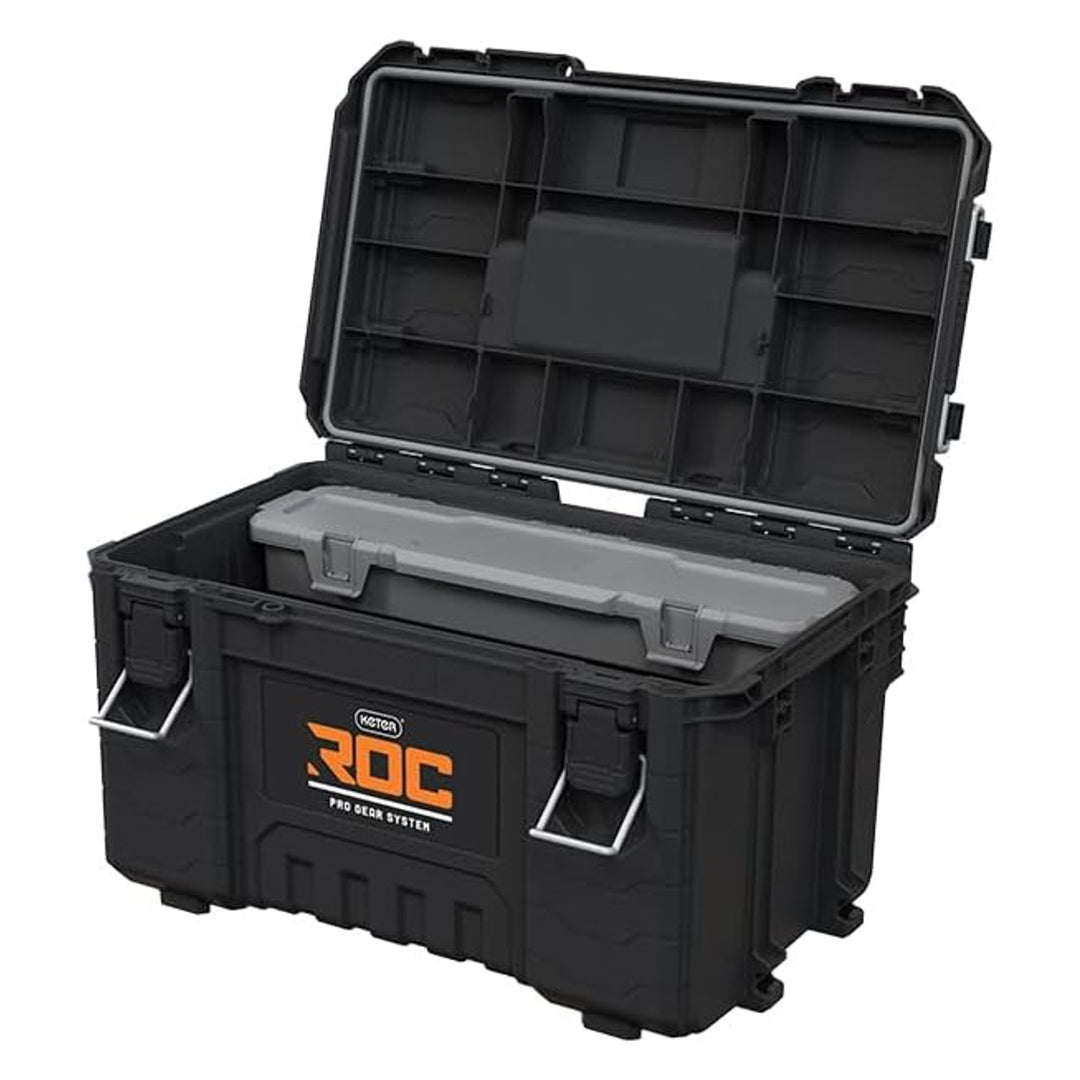 Cutia de scule Keter ROC Pro Gear 2.0, cu o capacitate de încărcare de 54 kg, este prevăzută cu mânere Pro Mount, include un organizator și poate fi agățată pe perete, 256984