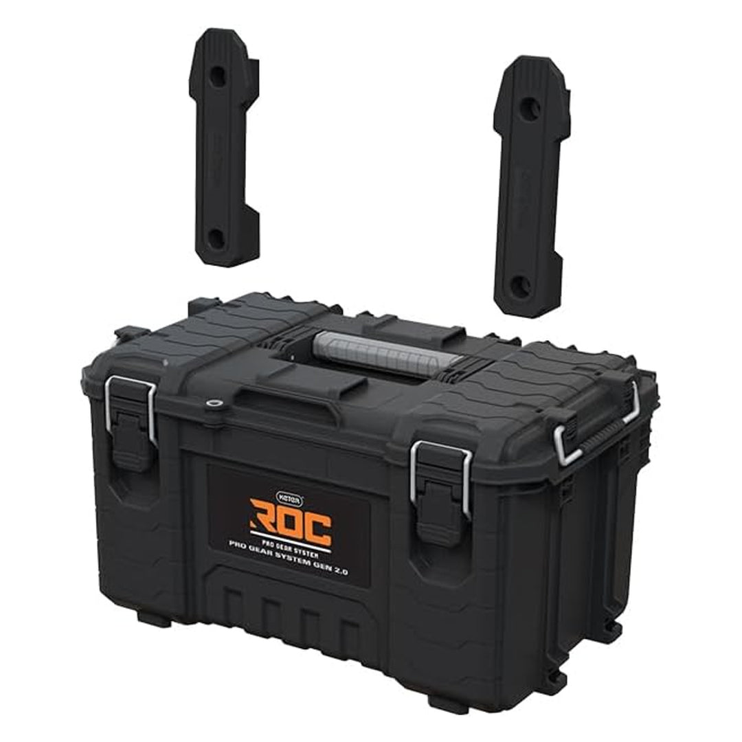 Cutia de scule Keter ROC Pro Gear 2.0, cu o capacitate de încărcare de 54 kg, este prevăzută cu mânere Pro Mount, include un organizator și poate fi agățată pe perete, 256984