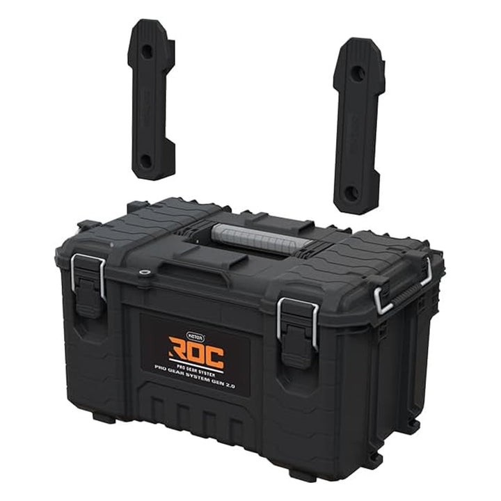 Cutia de scule Keter ROC Pro Gear 2.0, cu o capacitate de încărcare de 54 kg, este prevăzută cu mânere Pro Mount, include un organizator și poate fi agățată pe perete, 256984