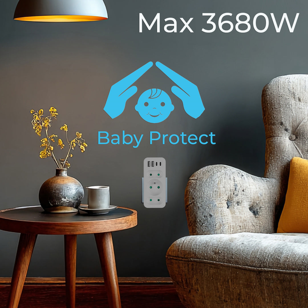 Priză de curent x3 + 4xUSB Maclean, splitter cu 3 prize, 2xUSB A, 2xUSB C PD 20W, 1x16A + 2x6A, MCE248 F/W, 2 bucăți