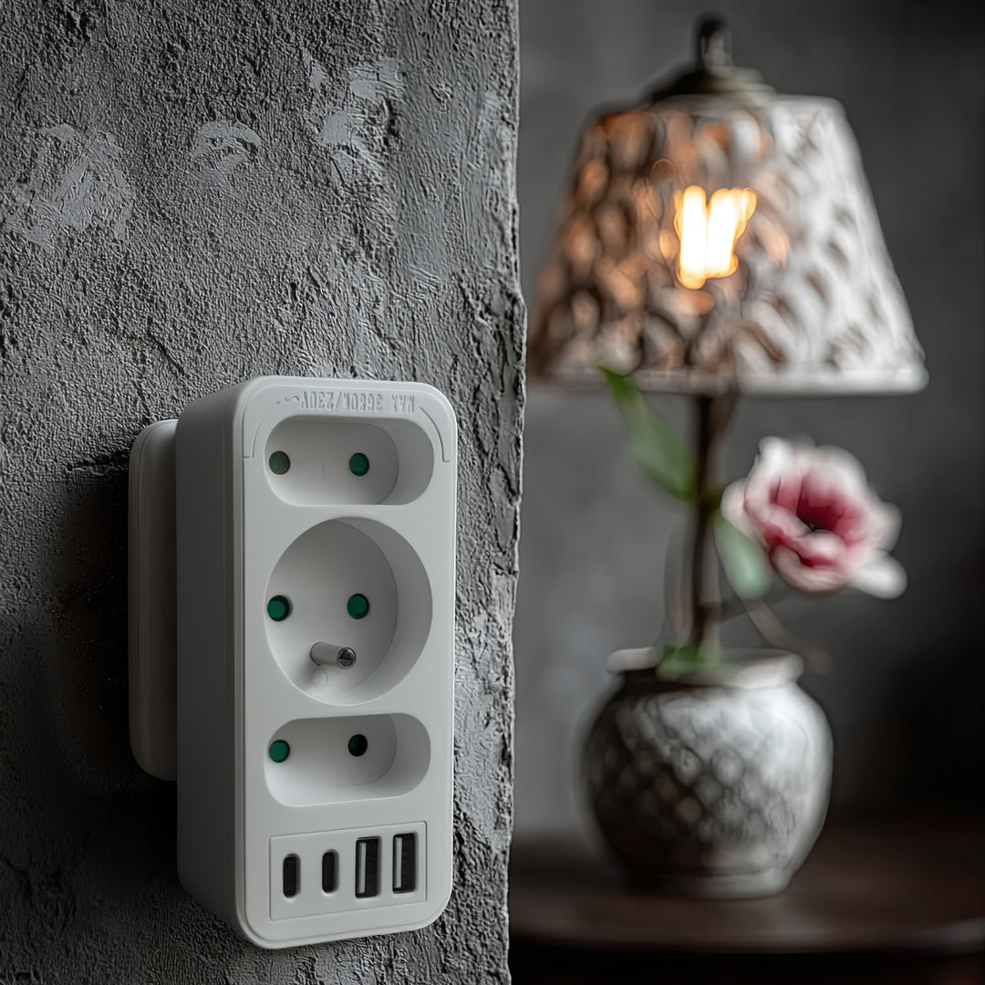 Priză de curent x3 + 4xUSB Maclean, splitter cu 3 prize, 2xUSB A, 2xUSB C PD 20W, 1x16A + 2x6A, MCE248 F/W, 3 bucăți