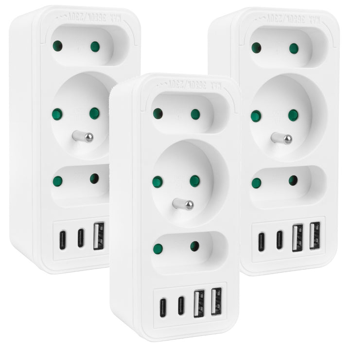 Priză de curent x3 + 4xUSB Maclean, splitter cu 3 prize, 2xUSB A, 2xUSB C PD 20W, 1x16A + 2x6A, MCE248 F/W, 3 bucăți