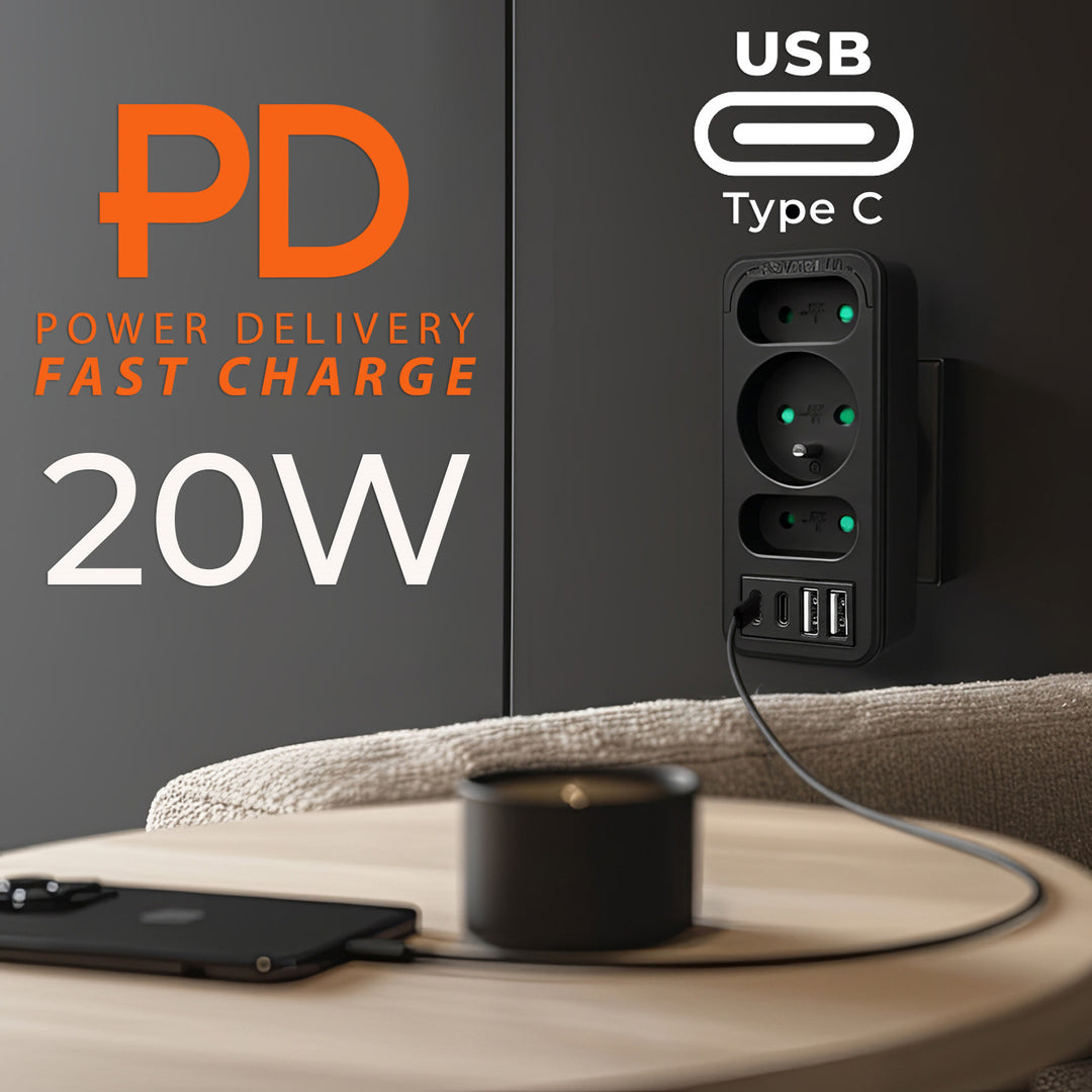 Priză de curent x3 + 4xUSB Maclean, splitter 3 prize, 2xUSB A, 2xUSB C PD 20W, 1x16A + 2x6A, MCE248 F/B, 2 bucăți