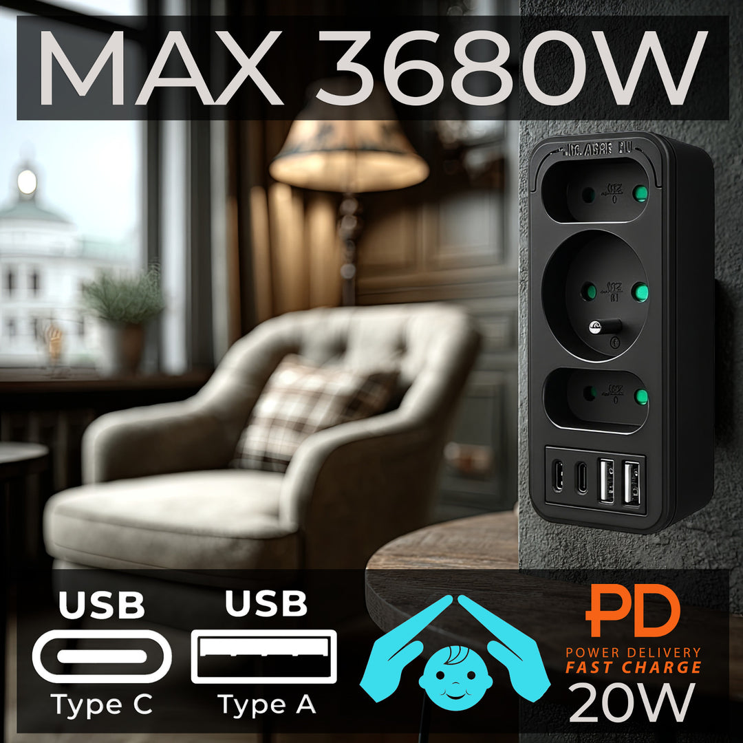 Priză de curent x3 + 4xUSB Maclean, splitter cu 3 prize, 2xUSB A, 2xUSB C PD 20W, 1x16A + 2x6A, MCE248 F/B, 3 bucăți