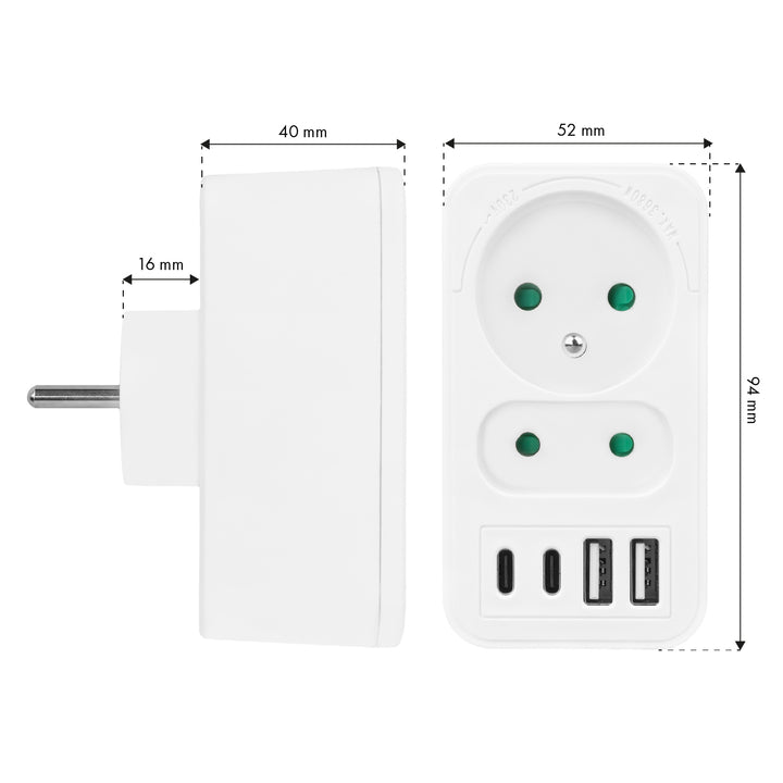 Soclu curent Maclean x2 + 4xUSB, splitter cu 2 socluri, 2xUSB A, 2xUSB C PD 20W, 1x16A + 1x6A, MCE249 F/W, 2 bucăți