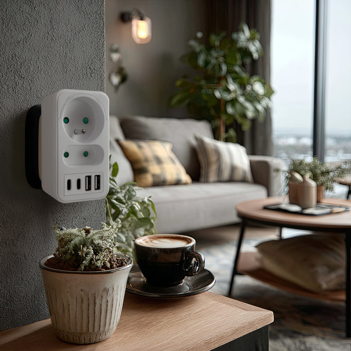 Soclu curent Maclean x2 + 4xUSB, splitter cu 2 socluri, 2xUSB A, 2xUSB C PD 20W, 1x16A + 1x6A, MCE249 F/W, 2 bucăți