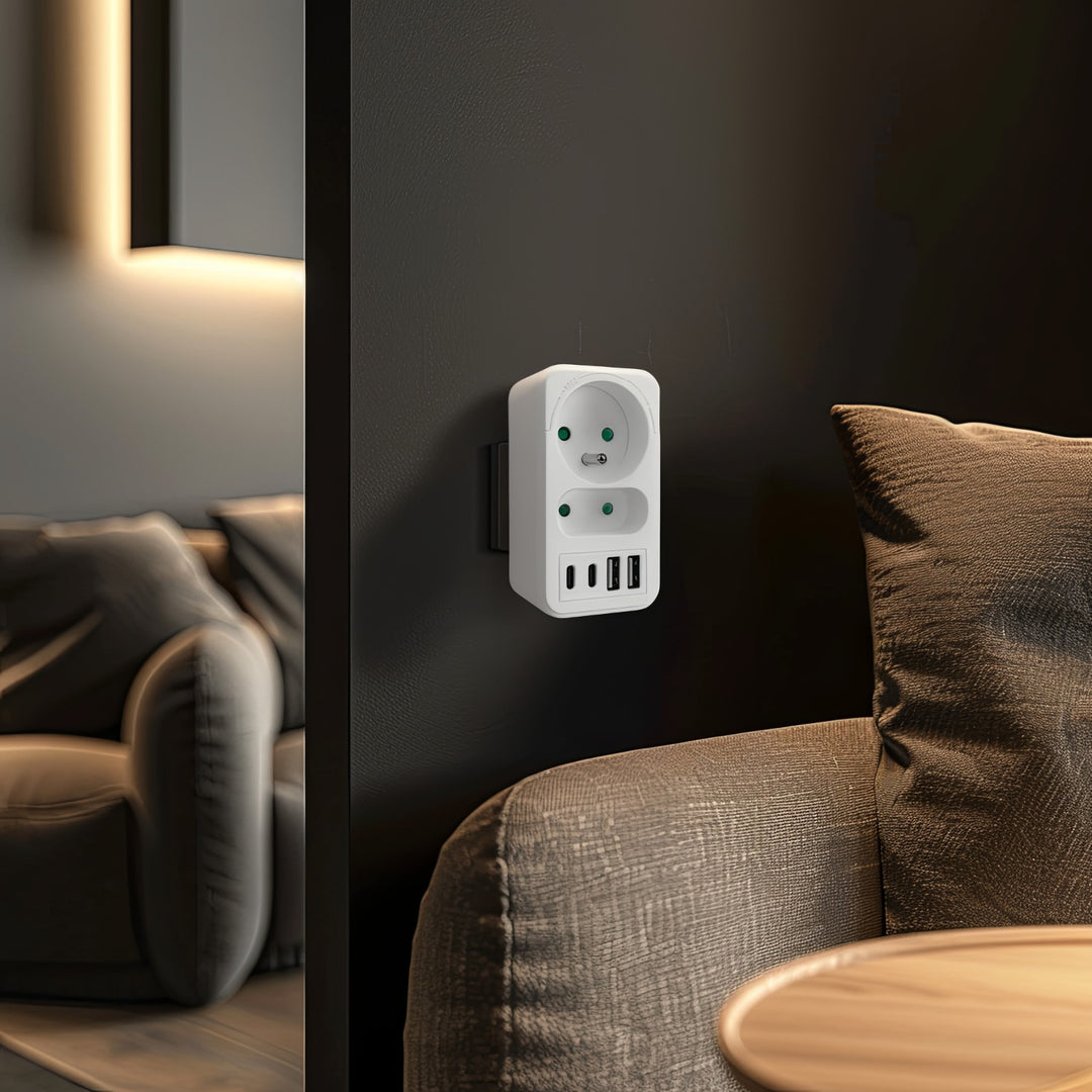 Soclu curent Maclean x2 + 4xUSB, splitter cu 2 socluri, 2xUSB A, 2xUSB C PD 20W, 1x16A + 1x6A, MCE249 F/W, 2 bucăți