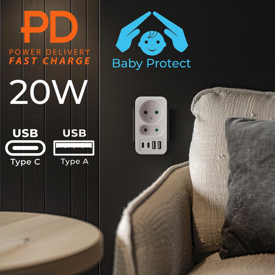 Soclu curent Maclean x2 + 4xUSB, splitter cu 2 socluri, 2xUSB A, 2xUSB C PD 20W, 1x16A + 1x6A, MCE249 F/W, 3 bucăți