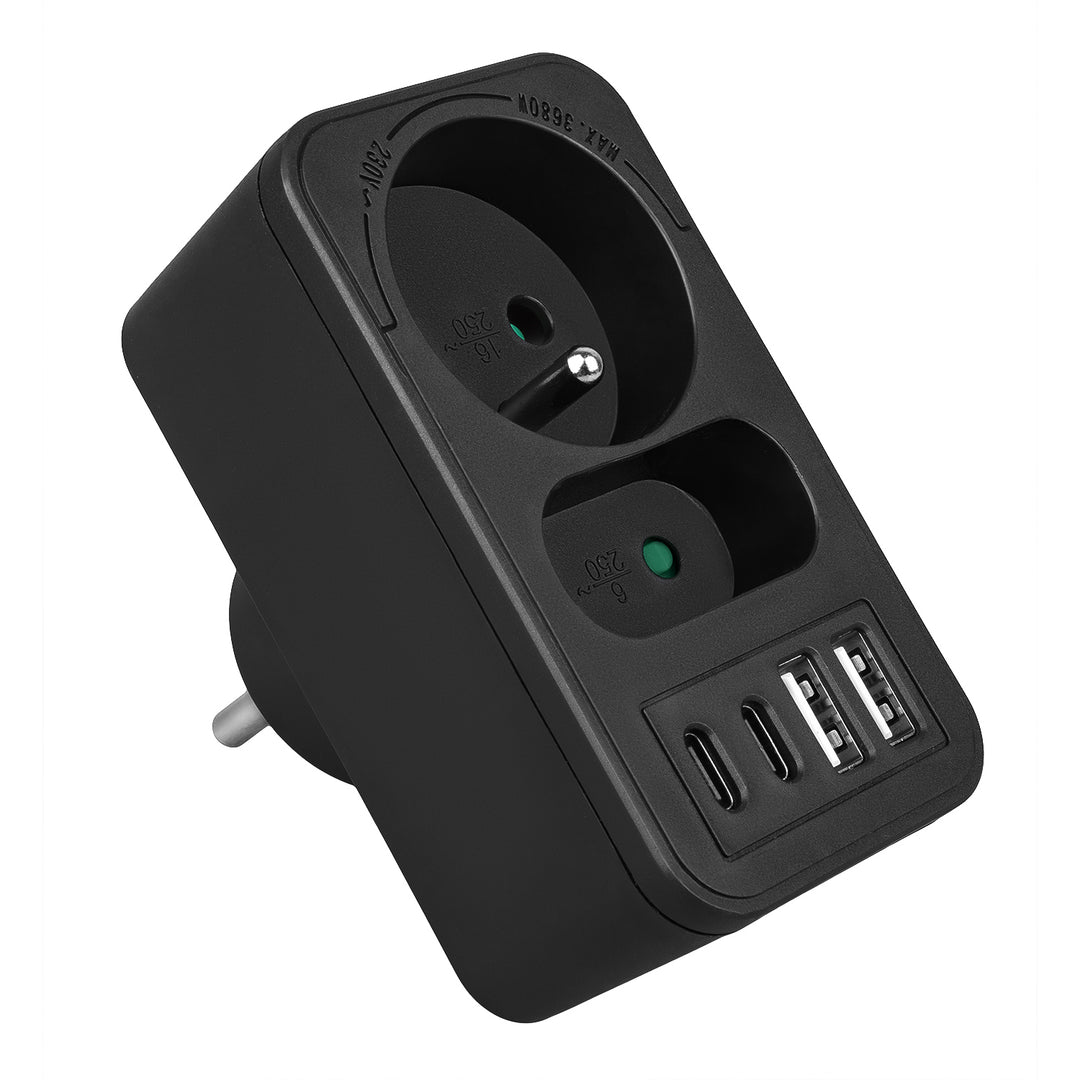 Soclu curent Maclean x2 + 4xUSB, splitter cu 2 socluri, 2xUSB A, 2xUSB C PD 20W, 1x16A + 1x6A, MCE249 F/B, 2 bucăți