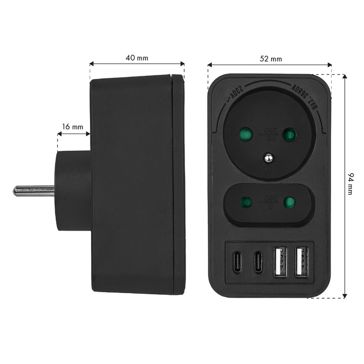 Soclu curent Maclean x2 + 4xUSB, splitter cu 2 socluri, 2xUSB A, 2xUSB C PD 20W, 1x16A + 1x6A, MCE249 F/B, 3 bucăți