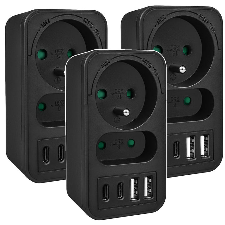 Soclu curent Maclean x2 + 4xUSB, splitter cu 2 socluri, 2xUSB A, 2xUSB C PD 20W, 1x16A + 1x6A, MCE249 F/B, 3 bucăți
