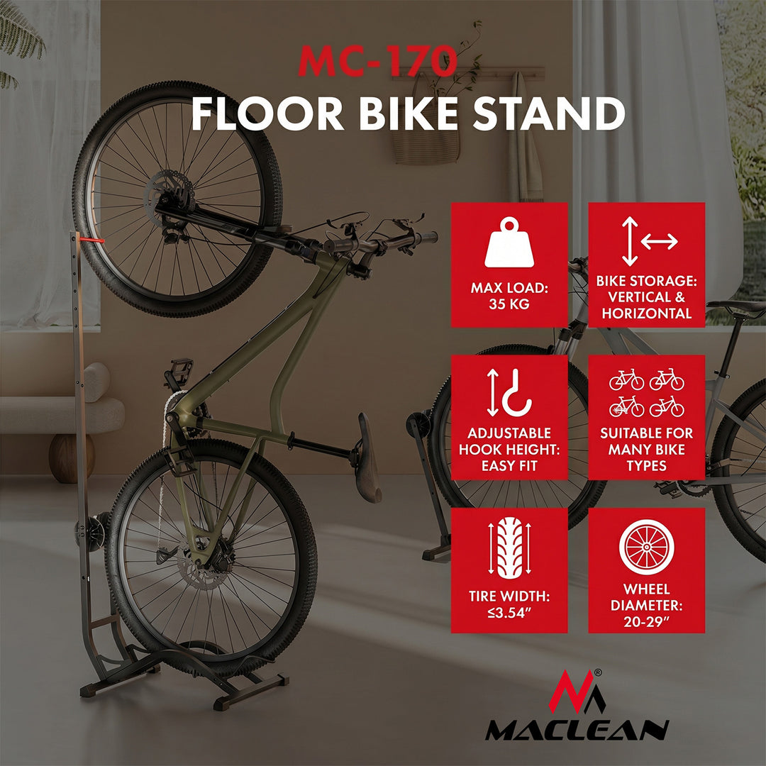 Suport de biciclete de podea Maclean, independent, orizontal/vertical, pentru depozitare, din oțel, sarcină maximă 35 kg, MC-170