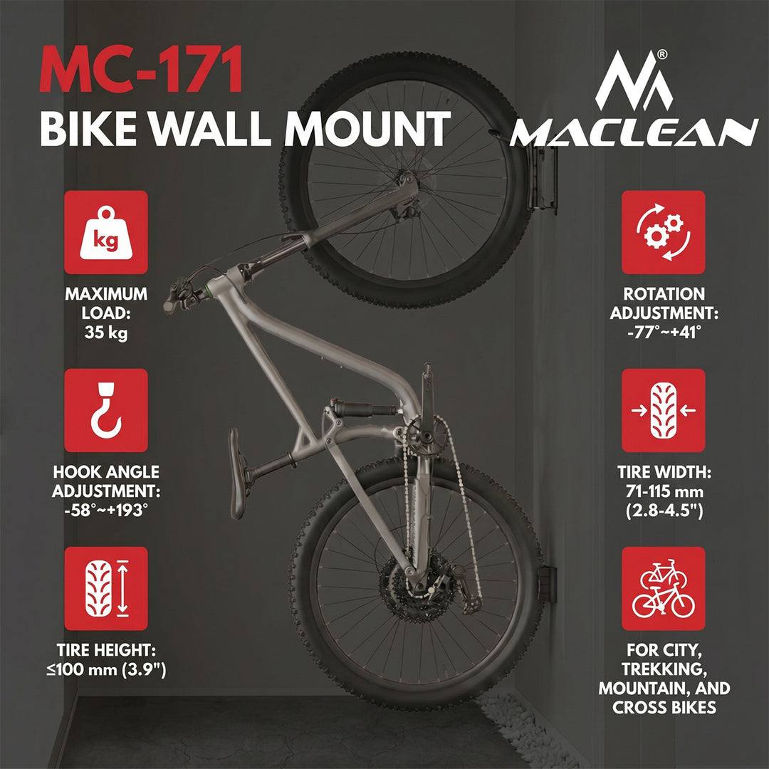 Suport de bicicletă / suport de perete Maclean, sarcină maximă 35 kg, reglare a unghiului de înclinare, oțel, MC-171