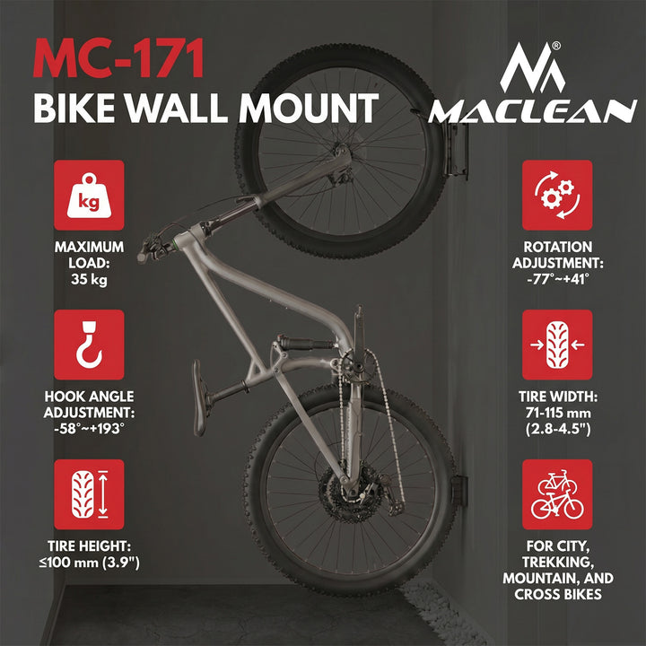Suport de bicicletă / suport de perete Maclean, sarcină maximă 35 kg, reglare a unghiului de înclinare, oțel, MC-171